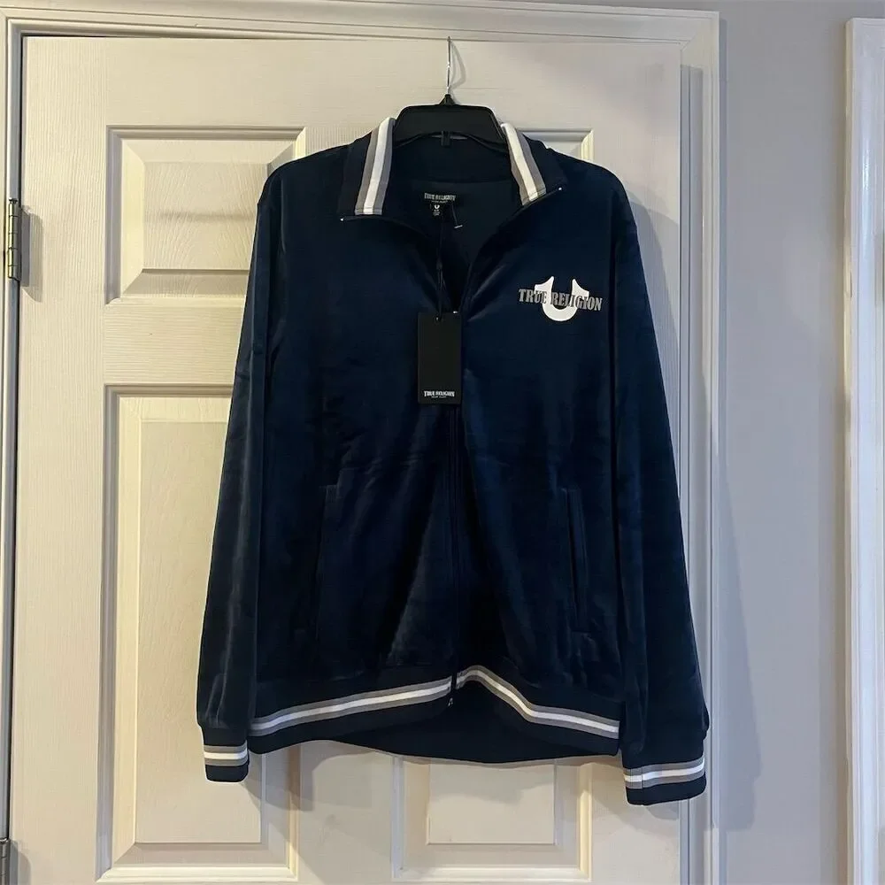True Religion Men's Varsity Jacket Size S Blue Full Zip Casual velour